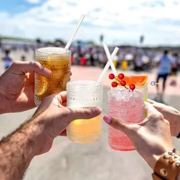 KMIGRUAN Hobnail Drinking Glasses with Straws 15oz Vintage Glassware Set of 6 Embossed Vintage Water Cups, Highball Glasses for Cocktail,Whiskey,Beer and Juic