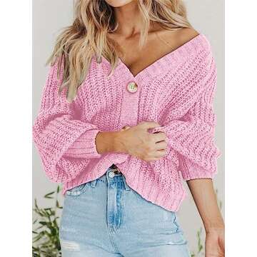 PRETTYGARDEN Long Sleeve Button Up Womens Sweaters Fall 2023 Open Front Plain Cardigans Sweaters Loose Soft Knit Coat Outerwear(Pink,Large)