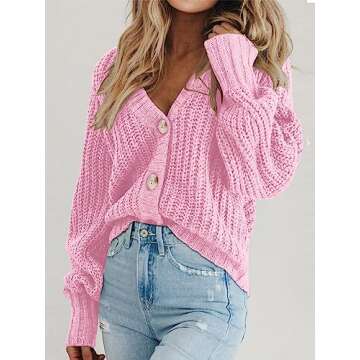 PRETTYGARDEN Long Sleeve Button Up Womens Sweaters Fall 2023 Open Front Plain Cardigans Sweaters Loose Soft Knit Coat Outerwear(Pink,Large)