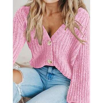 PRETTYGARDEN Long Sleeve Button Up Womens Sweaters Fall 2023 Open Front Plain Cardigans Sweaters Loose Soft Knit Coat Outerwear(Pink,Large)