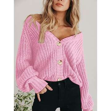 PRETTYGARDEN Long Sleeve Button Up Womens Sweaters Fall 2023 Open Front Plain Cardigans Sweaters Loose Soft Knit Coat Outerwear(Pink,Large)
