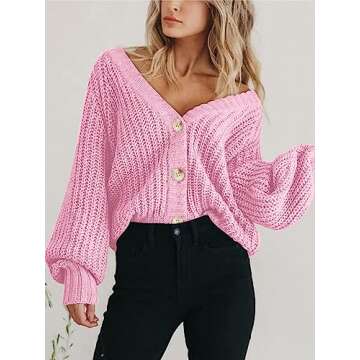 PRETTYGARDEN Long Sleeve Button Up Womens Sweaters Fall 2023 Open Front Plain Cardigans Sweaters Loose Soft Knit Coat Outerwear(Pink,Large)