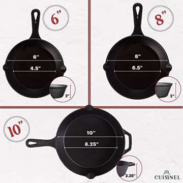 Cuisinel Cast Iron Skillet Set - 3-Piece: 6" + 8" + 10"-Inch Chef Frying Pans - Pre-Seasoned Oven Safe Cookware + 3 Heat-Resistant Handle Covers - Indoor/Outdoor Use - Grill, Stovetop, BBQ, Fire Safe