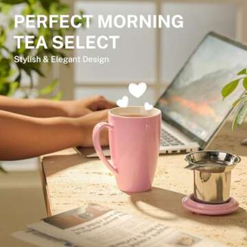 Sweese 15 OZ Porcelain Tea Mug with Infuser and Lid, Loose Leaf Tea Cup, Gifts for Tea Lover, Pink