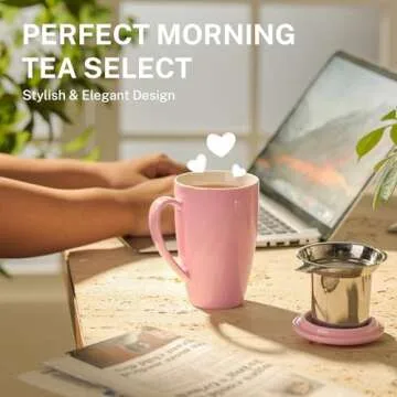 Sweese 15 OZ Porcelain Tea Mug with Infuser and Lid, Loose Leaf Tea Cup, Gifts for Tea Lover, Pink