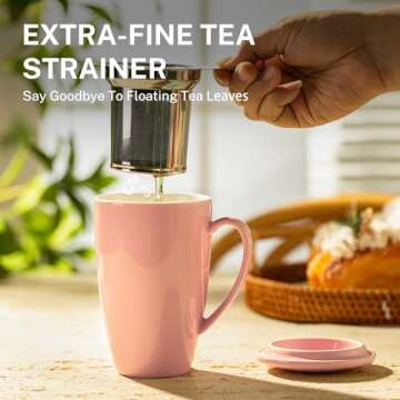 Sweese 15 OZ Porcelain Tea Mug with Infuser and Lid, Loose Leaf Tea Cup, Gifts for Tea Lover, Pink