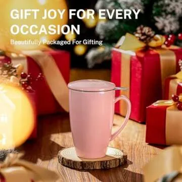 Sweese 15 OZ Porcelain Tea Mug with Infuser and Lid, Loose Leaf Tea Cup, Gifts for Tea Lover, Pink