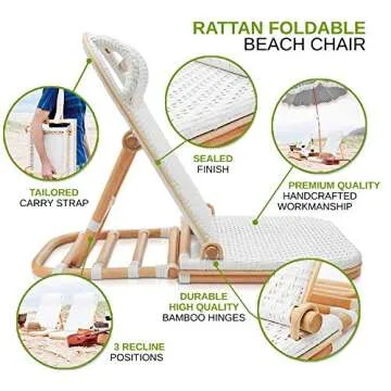 Beach Chair Lounger, Adjustable - Folding Bamboo Loungers - Portable Rattan Chairs for Patio, Pool or Sun Deck - Outdoor Gear and Accessories for Picnics and Lawn Concerts