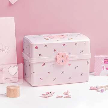 SEAHOME Hair Accessories Organizer for Girls Headbands, Clips, Ties Baby Girl Supplies, Lockable Three-layer Folding Craft Organizers and Storage Plastic Jewelry Box, 11.4x6.3x6.3in