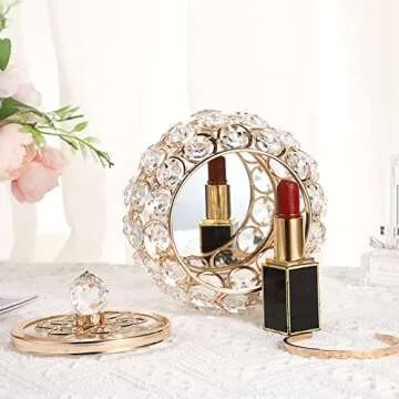 Hipiwe Crystal Jewelry Box with Glass Lid Small Trinket Organizer Mirrored Treasure Box Ring Holder Earrings Necklace Storage Box Keepsake Gift Box for Home Dresser Decor, Gold