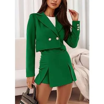 KIRUNDO Women's Two Piece Outfits Business Casual Cropped Blazer Jacket and Mini Shorts Skirt Set Suits Work Clothes(Green, Medium)