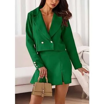 KIRUNDO Women's Two Piece Outfits Business Casual Cropped Blazer Jacket and Mini Shorts Skirt Set Suits Work Clothes(Green, Medium)
