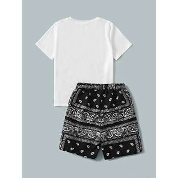 OYOANGLE Boy's 2 piece Outfits Round Neck Short Sleeve Patched Pocket Tee and Print Shorts Sets Black and White 9Y