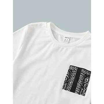 OYOANGLE Boy's 2 piece Outfits Round Neck Short Sleeve Patched Pocket Tee and Print Shorts Sets Black and White 9Y