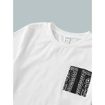 OYOANGLE Boy's 2 piece Outfits Round Neck Short Sleeve Patched Pocket Tee and Print Shorts Sets Black and White 9Y