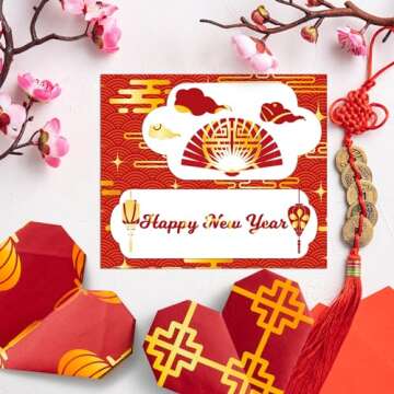 Haooryx 60pcs Chinese New Year Patterned Paper Set, Double-Sided 11’x11’ Red and Gold Spring Festival Theme Scrapbook Specialty Paper Chinese Lantern Firework Origami Paper DIY Craft Giftwrap Supplies