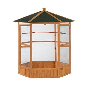 PawHut 69" Large Wooden Hexagonal Outdoor Aviary Flight Bird Cage with Covered Roof, Brown