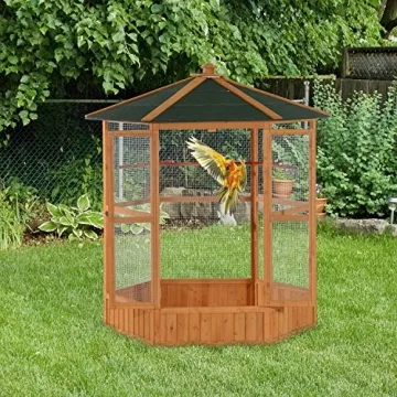 PawHut Large Outdoor Wooden Hexagonal Bird Aviary
