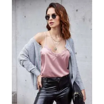 Ekouaer Women's 2 PCS Lace Camisole Satin Silk Cami Tops Spaghetti Strappy Sleeveless Tank Top White & Light Pink M