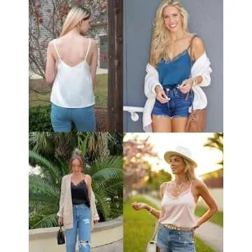 Ekouaer Women's 2 PCS Lace Camisole Satin Silk Cami Tops Spaghetti Strappy Sleeveless Tank Top White & Light Pink M