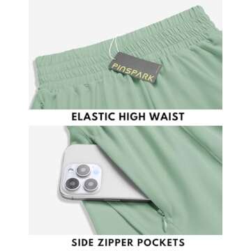 PINSPARK Women Athletic Shorts Quick Dry Running Short Workout Gym High Waisted Sports Wear with Zip Pockets, Green Mist, Small
