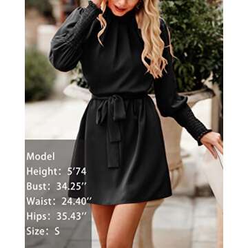 dowerme Women Smocked Long Sleeve Ruffle Crew Neck A Line Belt Dress Casual Solid Fall Winter Cocktail Party Dresses(Solid Black,Small)