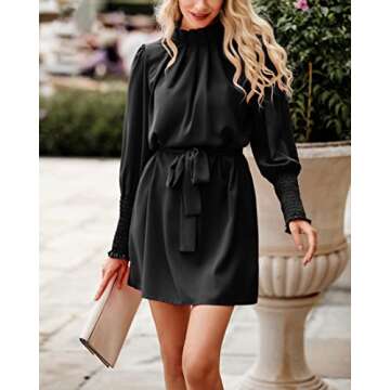 dowerme Women Smocked Long Sleeve Ruffle Crew Neck A Line Belt Dress Casual Solid Fall Winter Cocktail Party Dresses(Solid Black,Small)