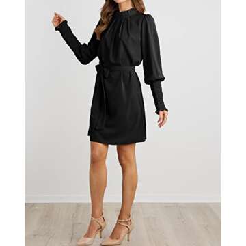 dowerme Women Smocked Long Sleeve Ruffle Crew Neck A Line Belt Dress Casual Solid Fall Winter Cocktail Party Dresses(Solid Black,Small)