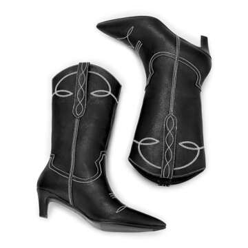 wetkiss Black Cowboy Boots for Women Cowgirl Boots Western Boots Women Cowboy Boots Mid Calf Cowboy Boots for Women Mid Calf Boots for Women Wide Calf Cowboy Boots Leather Boots Kitten Heel Boots