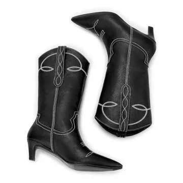wetkiss Black Cowboy Boots for Women Cowgirl Boots Western Boots Women Cowboy Boots Mid Calf Cowboy Boots for Women Mid Calf Boots for Women Wide Calf Cowboy Boots Leather Boots Kitten Heel Boots