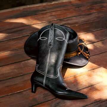 wetkiss Black Cowboy Boots for Women Cowgirl Boots Western Boots Women Cowboy Boots Mid Calf Cowboy Boots for Women Mid Calf Boots for Women Wide Calf Cowboy Boots Leather Boots Kitten Heel Boots