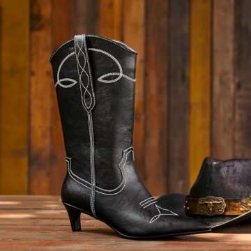 wetkiss Black Cowboy Boots for Women Cowgirl Boots Western Boots Women Cowboy Boots Mid Calf Cowboy Boots for Women Mid Calf Boots for Women Wide Calf Cowboy Boots Leather Boots Kitten Heel Boots