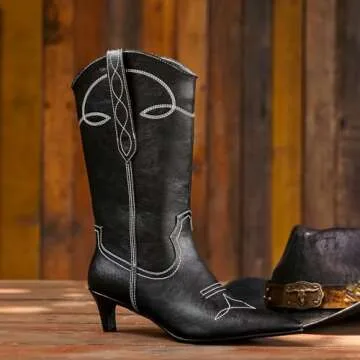 wetkiss Black Cowboy Boots for Women Cowgirl Boots Western Boots Women Cowboy Boots Mid Calf Cowboy Boots for Women Mid Calf Boots for Women Wide Calf Cowboy Boots Leather Boots Kitten Heel Boots