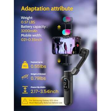 Professional Gimbal Stabilizer for Smartphone,RGB Magnetic Refill Light,OLED Display LED Light,face Tracking,Gesture Control,Professional 3-axis stabilizer for Android &iPhone, AOCHUAN XPRO KIT Black