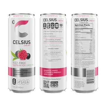 CELSIUS Raspberry Acai Green Tea, Functional Essential Energy Drink 12 Fl Oz (Pack of 12) Packaging may vary