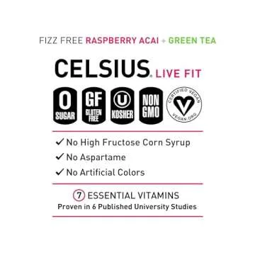 CELSIUS Raspberry Acai Green Tea, Functional Essential Energy Drink 12 Fl Oz (Pack of 12) Packaging may vary