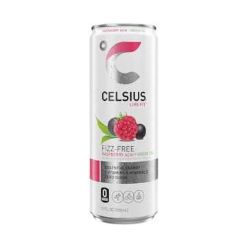 CELSIUS Raspberry Acai Green Tea, Functional Essential Energy Drink 12 Fl Oz (Pack of 12) Packaging may vary
