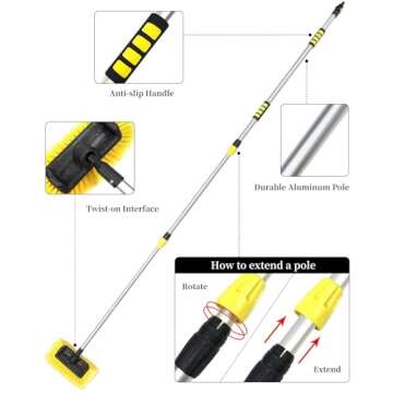 Buyplus 5-12 Foot (20 ft Reach) Car Wash Brush with 12-Inch Soft Bristle, On/Off Switch Telescopic Car Truck Boat Washing Brush with Hose Attachment for Cleaning RVs, House Siding, Floors and More!