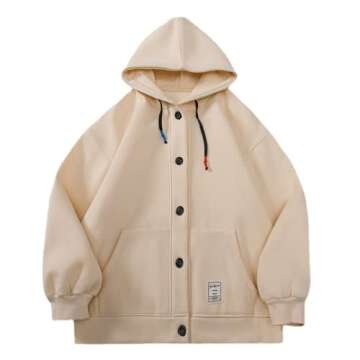 Aobiono Men Women Preppy Hoodie Oversized Jacket Y2K Harajuku Japanese Korean Aesthetic Cute Kawaii Light Academia Vintage Streetwear Basic Outerwear Fall Winter (Khaki,M,Medium)