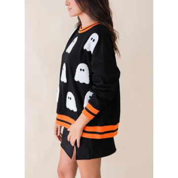 Yiulangde Womens Halloween Ghost Sweatshirt Spooky Season Funny Graphic Sweaters Crewneck Sweatshirt Halloween Party Clothes Black Orange