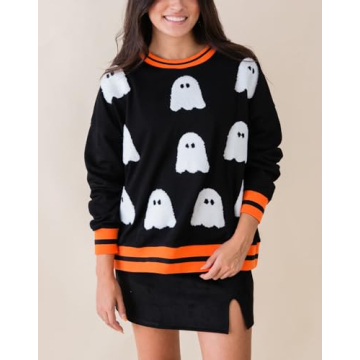 Yiulangde Womens Halloween Ghost Sweatshirt Spooky Season Funny Graphic Sweaters Crewneck Sweatshirt Halloween Party Clothes Black Orange