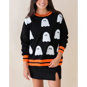 Yiulangde Womens Halloween Ghost Sweatshirt Spooky Season Funny Graphic Sweaters Crewneck Sweatshirt Halloween Party Clothes Black Orange