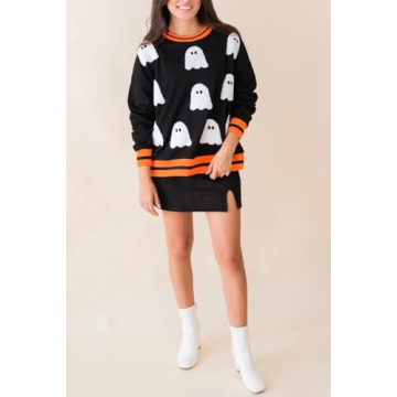 Yiulangde Womens Halloween Ghost Sweatshirt Spooky Season Funny Graphic Sweaters Crewneck Sweatshirt Halloween Party Clothes Black Orange