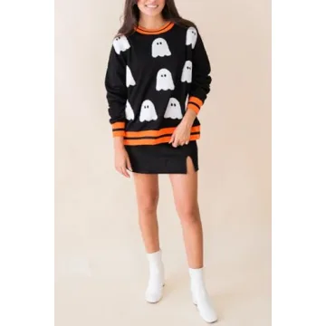 Yiulangde Womens Halloween Ghost Sweatshirt Spooky Season Funny Graphic Sweaters Crewneck Sweatshirt Halloween Party Clothes Black Orange