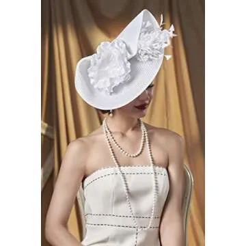 BABEYOND Tea Party Fascinator Hat for Women Kentucky Headwear Feather Derby Pillbox Wide Church Hat for Cocktail Wedding White