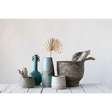 Creative Co-Op Green Embossed Stoneware Planter for Indoor Use