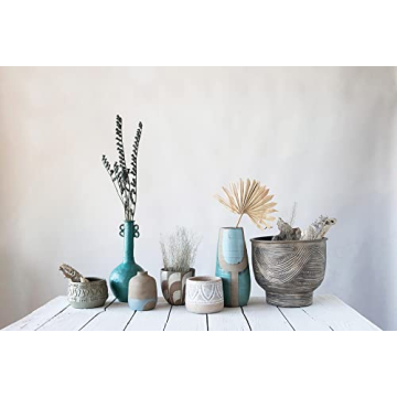 Creative Co-Op Green Embossed Stoneware Planter for Indoor Use