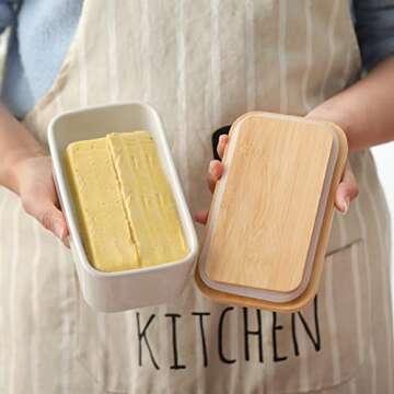 Hasense Butter Dish with Lid , Large Butter Dish with Lid for Countertop, Ceramic Butter Holder Container with Cover, Airtight Butter Keeper for Kitchen, Farmhouse Decor White