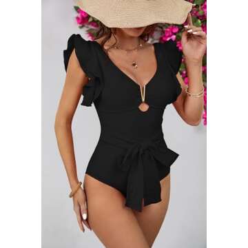 SPORLIKE Women One Piece Swimsuit Ruffle V Neck Swimwear Padded Bathing Suit(Black,Medium)