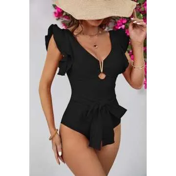 SPORLIKE Women One Piece Swimsuit Ruffle V Neck Swimwear Padded Bathing Suit(Black,Medium)
